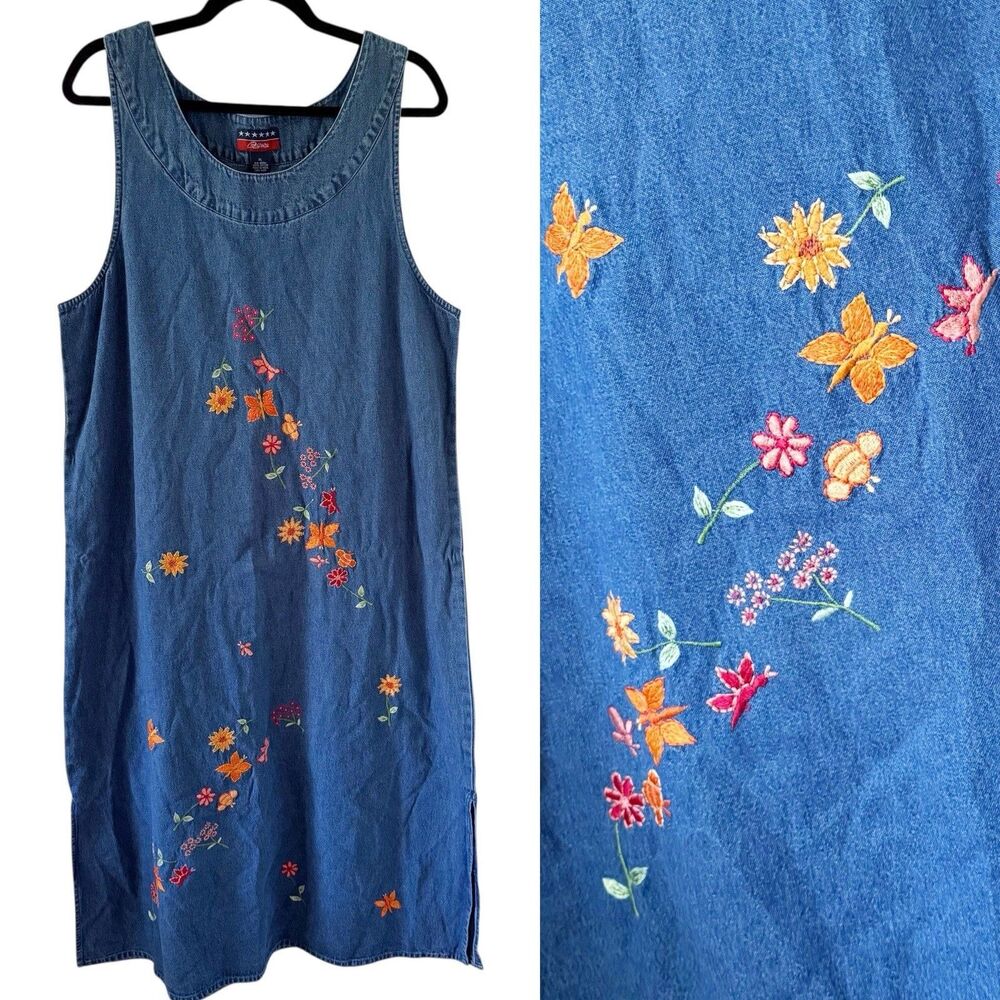 Vtg Denim Sleeveless Jumper Embroidered Jean Dress XL Butterfly Flower Cottage